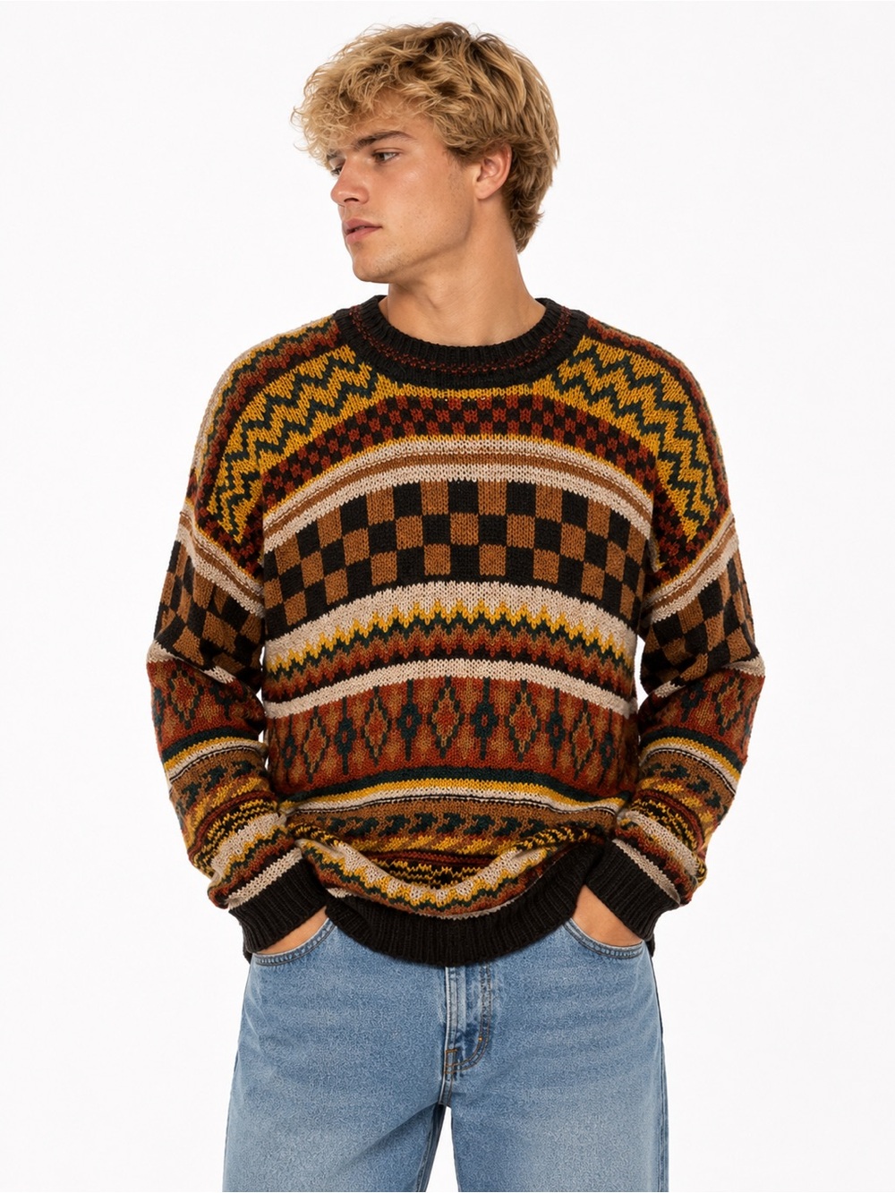 Gaeltarra Linen Blend Mens Crewneck Striped 
Sweater in Brown, Rust & Mustard